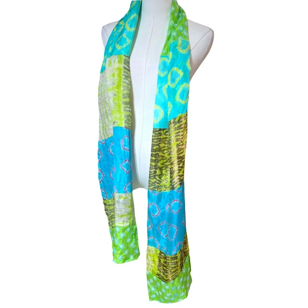 BANDHANI Silk Patchwork Scarf Shawl Blue Green‎ Tie Dye Boho Festival